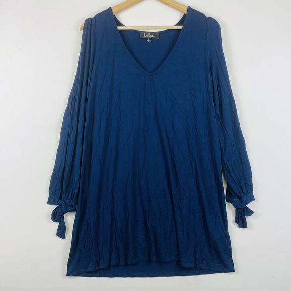 Lulus Blue Long Sleeve V-Neck Open Cold Shoulder Tunic Top Shirt‎ Womens Large - Picture 1 of 6